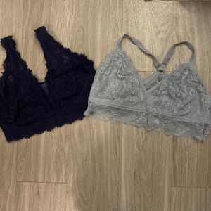 Aerie Lace Bralette Set in Navy and Light Gray